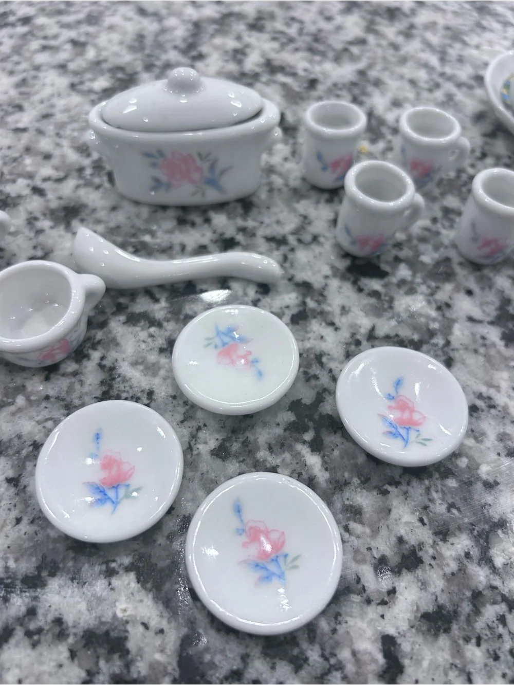 Porcelain Miniature Tea Set with Pink Floral Design